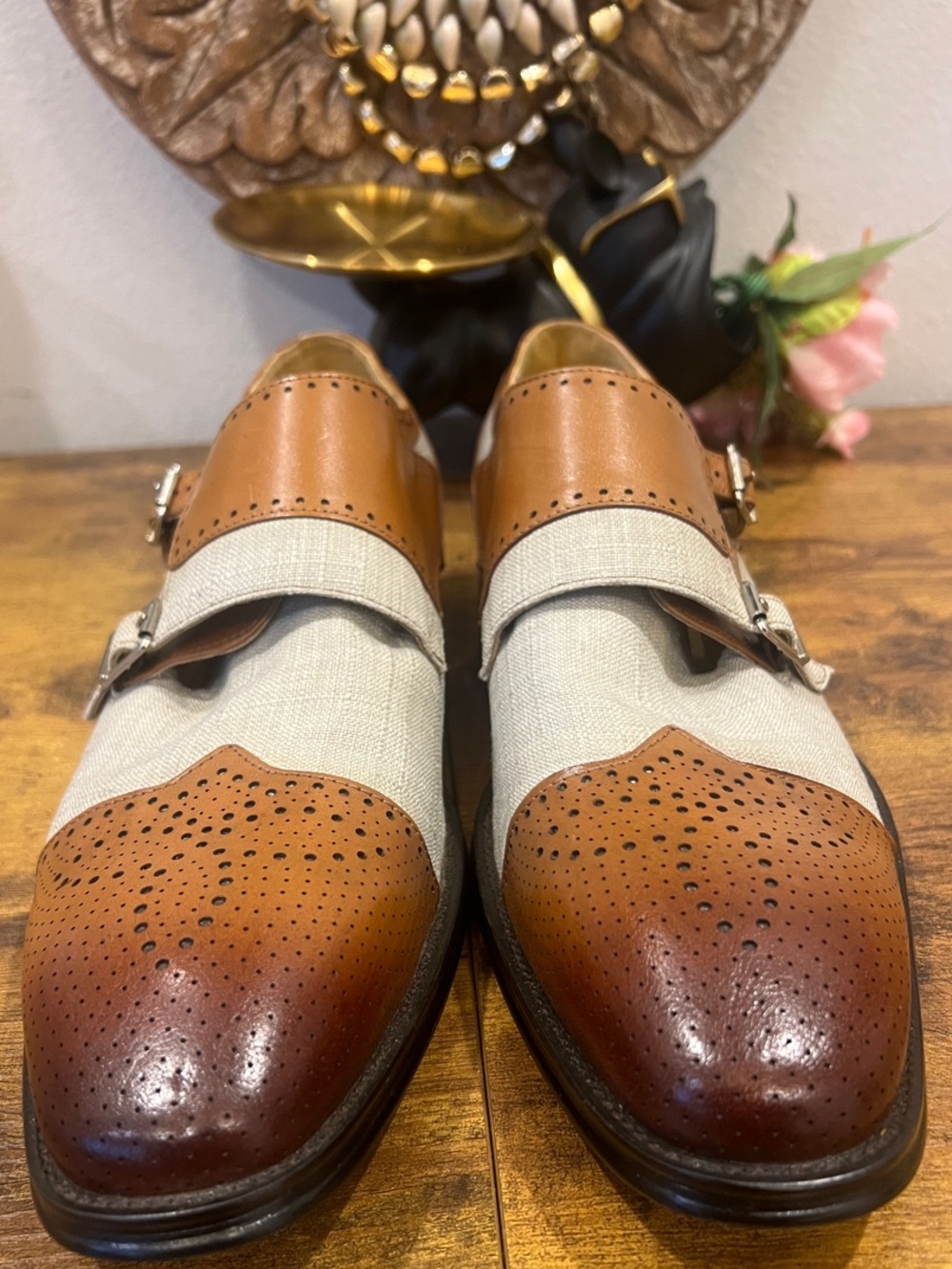 Stacy Adams Harper Double Monk-Strap Cognac Beige Leather & Canvas Shoes:Size 11